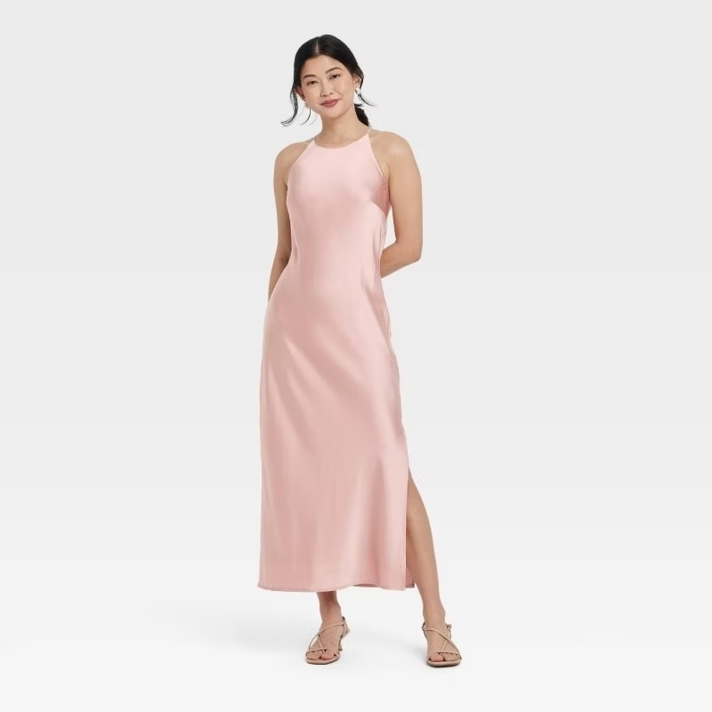 NWT A New Day Light Pink Satin Halter Maxi Slip Dress Size S